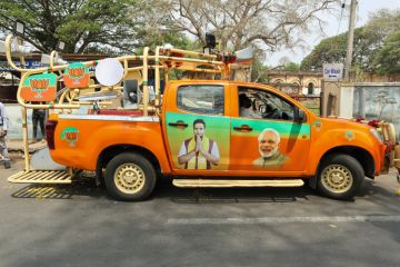 A Pick up Truck converted into a Political campaign Vehicle for Indian elections 2024 under BJP Prime minister Narendra Modi in Mysuru, India. A Pick up Truck converted into a Political campaign Vehicle for Indian elections 2024 under BJP Prime minister Narendra Modi in Mysuru, India.