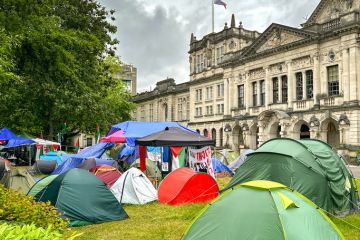 Tents used by protesters for Palestine on the lawn of one of the buidlings of Cardiff University.