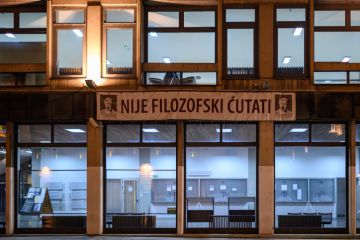 University of Belgrade Faculty of Philosophy with banner saying "It is not philosophical to remain silent"