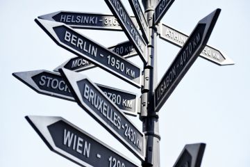 Street signpost showing distance to Europe capital cities