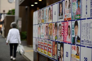 Woman walks past election posters