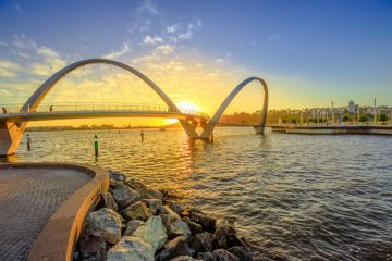 Elizabeth Quay Bridge at sunset light on Swan River at entrance of Elizabeth Quay marina in Perth Elizabeth Quay Bridge at sunset light on Swan River at entrance of Elizabeth Quay marina in Perth