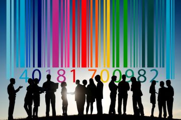 Group of people with multi-coloured barcode Group of people with multi-coloured barcode