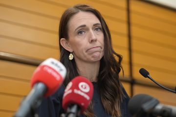 New Zealand prime minister Jacinda Ardern announcing her resignation at the War Memorial Centre on January 19, 2023 in Napier 