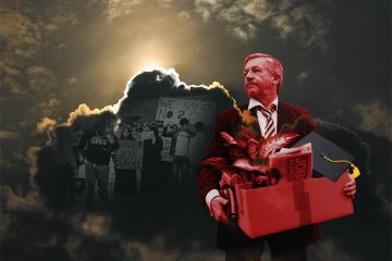 Montage of man being made redundant and protest about cuts with a silver lining in the clouds of a stormy sky. To illustrate financial troubles in the UK higher education sector, and whether the situation will improve in 2025. Montage of man being made redundant and protest about cuts with a silver lining in the clouds of a stormy sky. To illustrate financial troubles in the UK higher education sector, and whether the situation will improve in 2025.