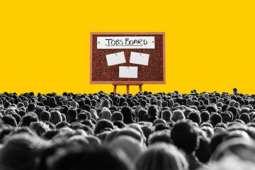 Crowd of people looking at a sparse jobs noticeboard, illustrating that the many university staff that have been made redundant will struggle to find another position. 