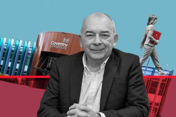 John Latham, vice-chancellor of Coventry University, with the campus in the background sinking in to the red and Rachel Reeves walking away. To illustrate that universities can't rely on government funding according to Latham.