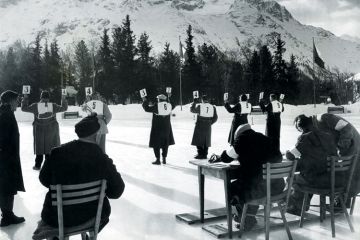 Judges holding score cards, St Moritz Winter Olympics Judges holding score cards, St Moritz Winter Olympics