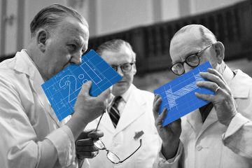 Two judges smelling blueprints of degree grades. To illustrate external examiners.