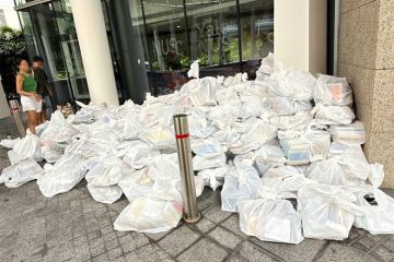 Books bagged for disposal outside Yale-NUS College