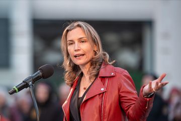 Albanian-British political scientist and philosopher Lea Ypi on 15 May 2025, during her speech at A Speech to Europe 2025 in front of Judenplatz Holocaust Memorial as part of the Vienna Festival in Vienna, Austria