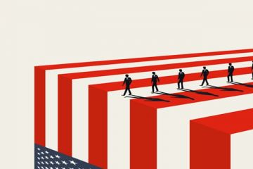 People walk to the edge of an American flag, symbolising scientists leaving the US People walk to the edge of an American flag, symbolising scientists leaving the US