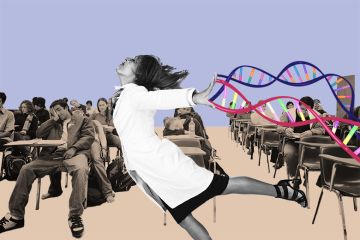 A lecturer dancing across the room with ribbons of DNA streaming behind, with bored students in the background. To illustrate a lack of teaching training for academics. A lecturer dancing across the room with ribbons of DNA streaming behind, with bored students in the background. To illustrate a lack of teaching training for academics.