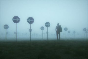 A man lost in a foggy field with confusing signs, illustrating overly complex complaints systems A man lost in a foggy field with confusing signs, illustrating overly complex complaints systems