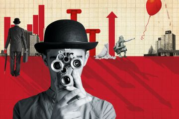 Montage of man in bowler hat and charts Montage of man in bowler hat and charts