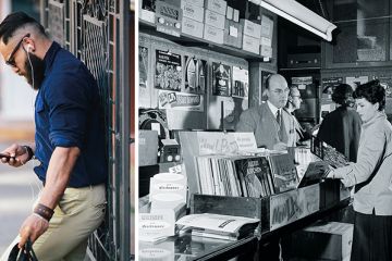 Man listening to music on smartphone/people buying vinyl records instore Man listening to music on smartphone/people buying vinyl records instore