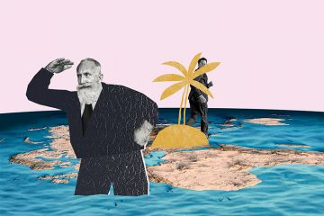 Man looking the wrong way as someone hides behind a palm tree, with a map of the world as the background. To illustrate the difficulties in applying quality assurance processes to transnational education.