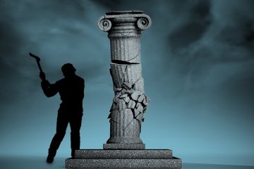 Man swinging axe at classical column. To illustrate possible harm to universities from cuts Man swinging axe at classical column. To illustrate possible harm to universities from cuts