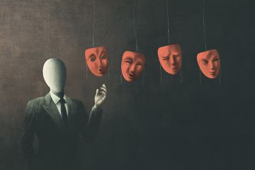 Illustration: a man without a face stands by four masks hanging from the ceiling