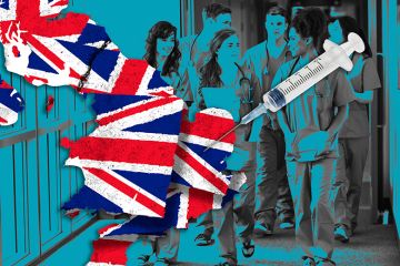 Montage of medical students, with a syringe being stuck in to a map of the UK. To illustrate that regional universities are vital to solving the NHS staffing crisis. 