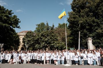 Students of Danylo Halytskyi National Medical University of Lviv put on white doctor's coats during the celebrations for the beginning of the new school year on 29 August, 2025 in Lviv, Ukraine. Students of Danylo Halytskyi National Medical University of Lviv put on white doctor's coats during the celebrations for the beginning of the new school year on 29 August, 2025 in Lviv, Ukraine.