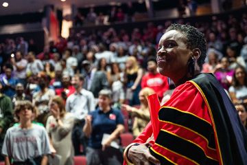 Melissa L. Gilliam walks out at her inauguration as the new president of Boston University, 27 September 2024