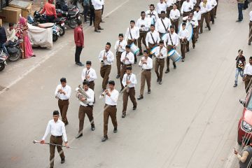 Member of rashtriya swayamsevak Sangh or rss workers take a part in a route march on 12th january 2020, in Jodhpur, Rajasthan. Member of rashtriya swayamsevak Sangh or rss workers take a part in a route march on 12th january 2020, in Jodhpur, Rajasthan.