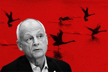 Montage of Meric Gertler, outgoing president of the University of Toronto, with black swans taking off in the background. Illustrating his belief that university leaders must brace for more “black swan events”.