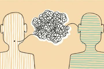 Cartoon of two people with a tangled speech bubble between them symbolising misunderstanding Cartoon of two people with a tangled speech bubble between them symbolising misunderstanding