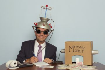 A suited figure with a money making machine, illustrating politician's focus on the commercial value of research A suited figure with a money making machine, illustrating politician's focus on the commercial value of research