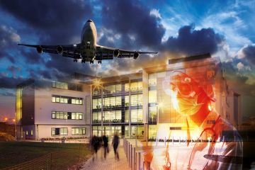 Montage of a college building, aeroplane and scientist as an illustration of the carbon footprint of universities Montage of a college building, aeroplane and scientist as an illustration of the carbon footprint of universities