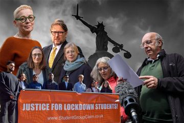 Legal cases involving universities. Montage of (left to right) Jo Phoenix; Rebecca Abrams; David Miller; Alice Jolly; Margaret and Robert Abrahart; plus students protesting outside the Royal Courts of Justice