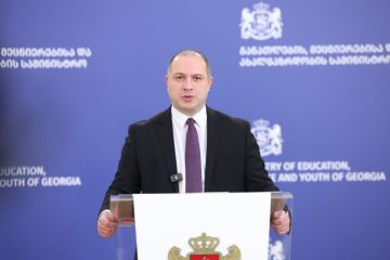 Georgia's education minister speaking at a lecturn in front of a blue backround