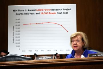 US senator Tammy Baldwin (D-WI) questions director of the National Institutes of Health (NIH) Jayanta Bhattacharya during a Senate Appropriations Subcommittee. Bhattacharya testified on the proposed budget estimates for fiscal year 2026 for the NIH.
