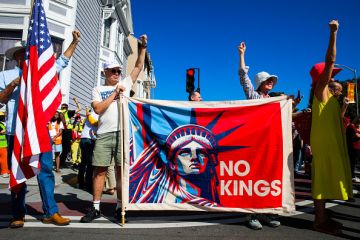 A "no kings" protest in Oakland, part of a national day of pro-democracy demonstations on October 18, 2025