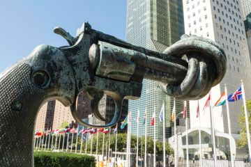 Non-violence sculpture, Carl Fredrik Reuterswärd, United Nations (UN) headquarters, New York City Non-violence sculpture, Carl Fredrik Reuterswärd, United Nations (UN) headquarters, New York City