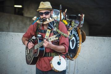One-man band playing instruments, Lancaster, Pennsylvania One-man band playing instruments, Lancaster, Pennsylvania