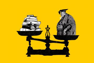 Illustration of an overweight academic on scales, weighed against a pile of books. As an illustration of measuring researchers’ output mass against their body mass, an academic BMI.