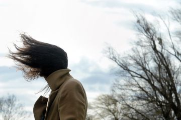 Woman with hair blown by wind