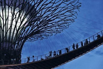 People on Supertree suspension bridge, Garden by the Bay, Singapore People on Supertree suspension bridge, Garden by the Bay, Singapore