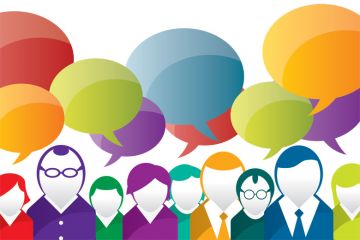 People with speech bubbles above heads (illustration)