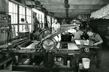 People working on stone printing press, Germany, 1950