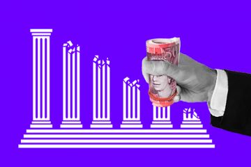Using a roll of banknotes to replace a university column, to illustrate that more universities could look to private investment to cope with their growing money problems
