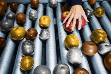 Apples on a conveyor belt being controlled for quality. Some being taken, leaving gold, silver and bronze ones. To illustrate refreshed TEF system intended to address the ‘small’ proportion of ‘bad courses’.
