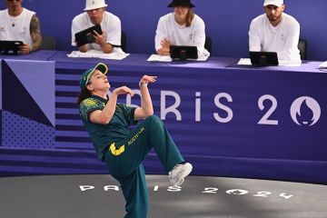 Australian breaker Rachael Gunn, also known as Raygun, during the B-Girls Round Robin breaking competition at La Concorde Urban Park in Paris, as part of the 2024 Paris Olympic Games, France, Friday 9 August 2024.