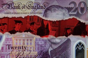 Ripped twenty pound note, with students in red behind. To illustrate that almost a third of UK universities post deficits.