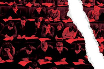 Ripped photo of students studying in lecture hall
