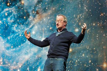Robin Ince on stage during Professor Brian Cox's Guinness World Record breaking live tour show, Professor Brian Cox Live at SSE Arena Wembley, 2017 in London, England