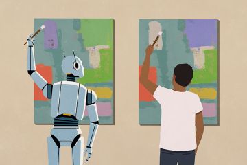 Illustration of a humanoid robot painting same artwork as man, with slight differences. As an illustration of submissions from spurious authors consisting of previously published papers altered by AI