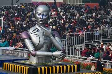 A large robot on a parade float at the Republic Day Parade 2024 in New Delhi, illustrating the large threat to liberal arts posed by AI
